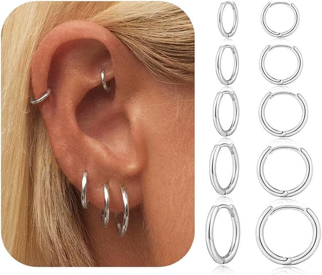 Detalle de Geveay sterling silver hoop earrings set for women (5 pairs) – small huggies, helix and cartilage sizes
