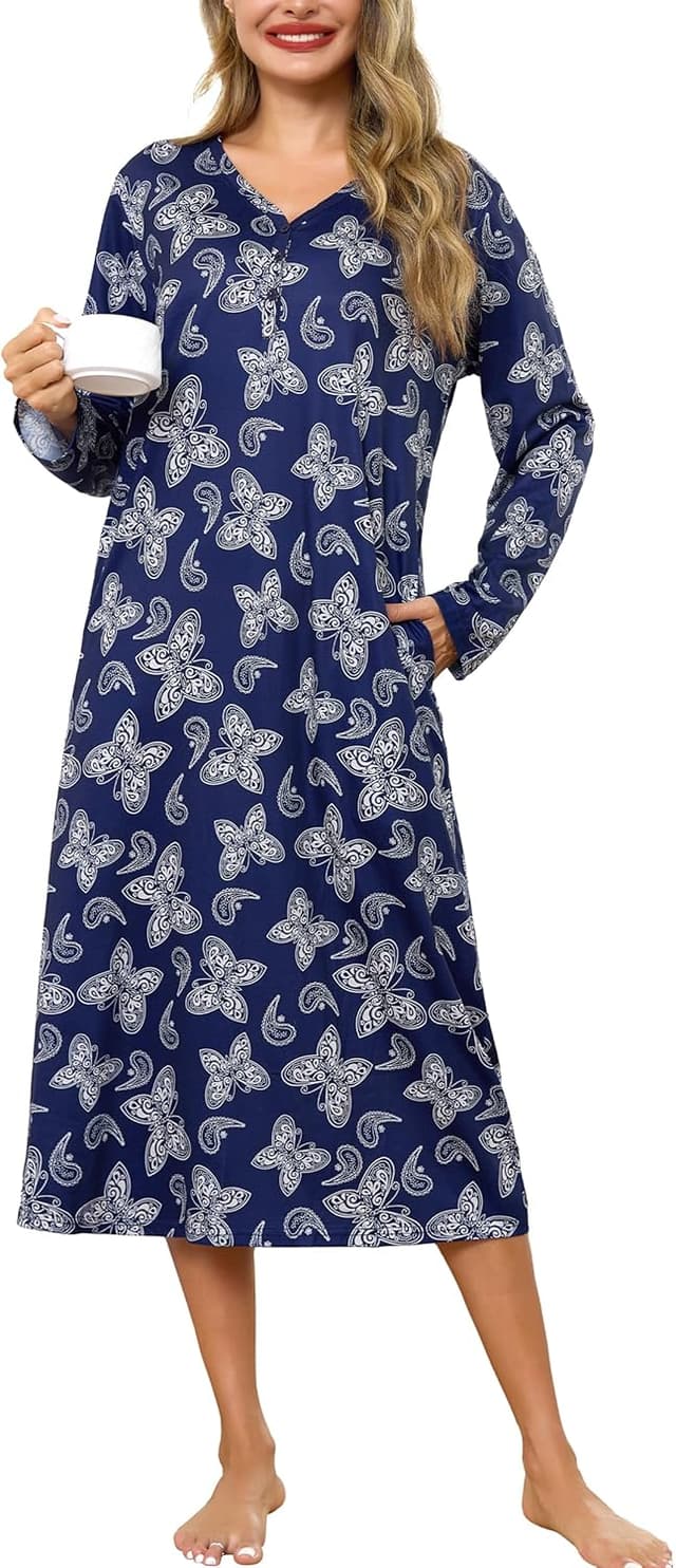 Thumbnail 6 de Lovasy long-sleeve cotton nightdress with pockets – soft women’s nightshirt nightwear