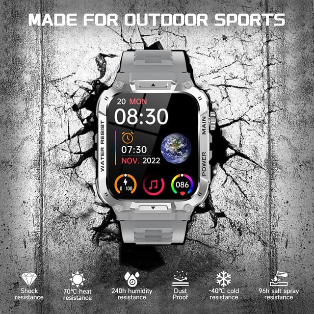 Detalle de Military Smart Watch for Men with Call Function (Gray) – Waterproof fitness tracker for Android & iPhone