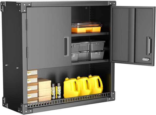 Detalle de SUPEER Hängeschrank Metall Werkzeugschrank mit verstellbarem Fachboden, 2 Türen und Schublade (abschließbar) – H77×B80×D30 cm, Schwarz