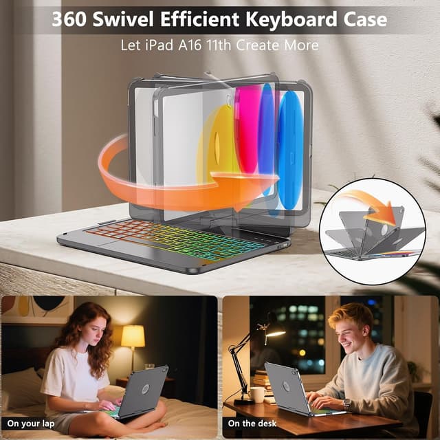 Detalle 2 de FUWANG Touch Keyboard Case for iPad (A16) 11th Gen & iPad 10th Gen 10.9-inch (A2757/A2777/A2696) — 360° Rotating Backlit Keyboard Case, Black