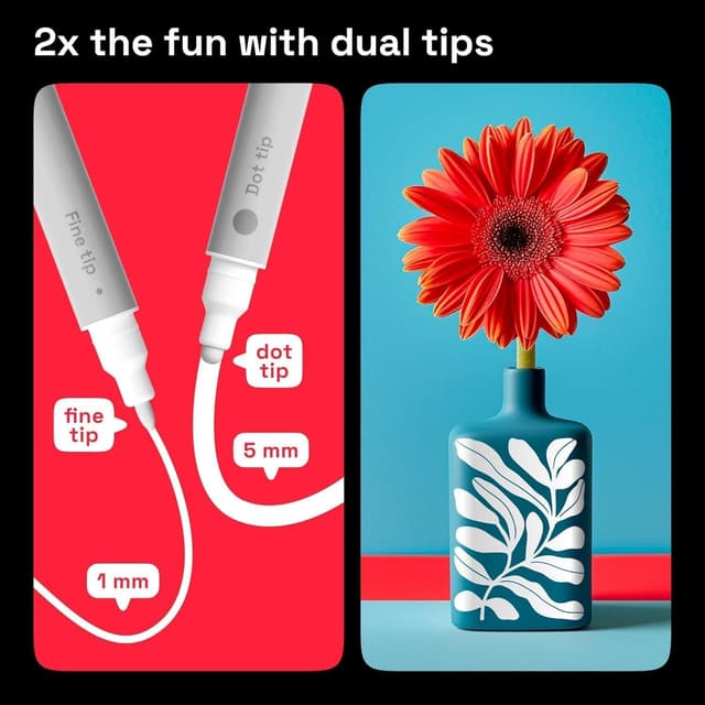 Detalle 2 de Artistro 5 weiße Acrylstifte (Dual Tip Dot & Fein) für Stein, Stoff, Holz, Glas & Deko