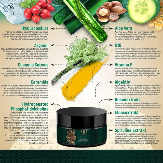 Detalle de ANA Naturkosmetik BIO Moossalbe mit Aloe Vera, Hyaluronsäure & Q10 (5% Isländisch Moos) – Anti-Aging Pflege für Gesicht, Tages- und Nachtcreme, 100 ml
