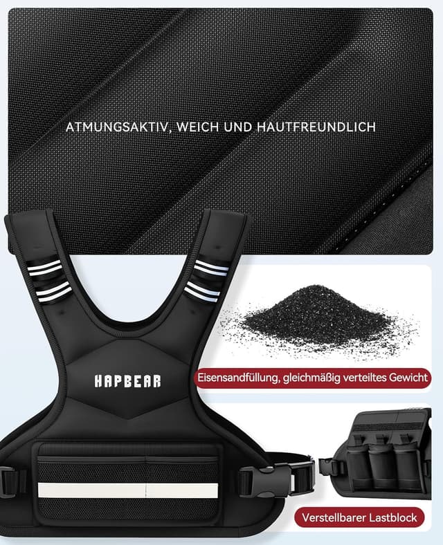 Detalle de HAPBEAR verstellbare Gewichtsweste (1,8–4,5 kg) mit 6 Eisensand-Gewichten – für Fitness, Krafttraining und Laufen