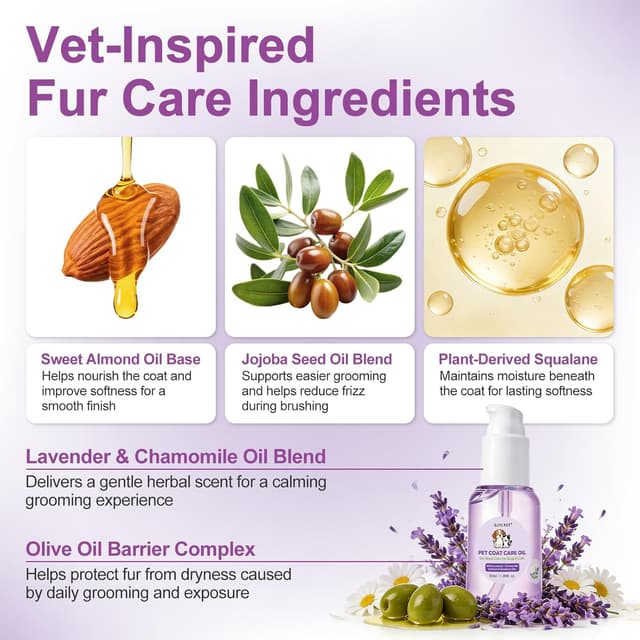Detalle 2 de Pet Coat Care Oil leave-in grooming oil for dogs & cats (55ml) – Lavender & chamomile