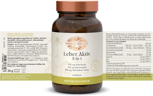 Detalle de BÄRBEL DREXEL Leber Aktiv 5-in-1 Kapseln (60 Stück) mit Cholin, Mariendistel, Löwenzahn, Artischocke, Piperin, Zink, Selen & Vitamin E