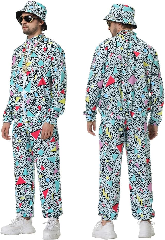 Detalle 2 de Ezuwail 80er/90er Retro-Trainingsanzug-Set für Herren (9-teilig) – Karneval & Halloween