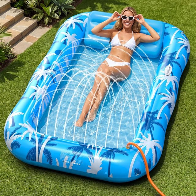 Detalle de X-Large Inflatable Tanning Pool Lounger Float with Sprinkler (Auto Spray Cooling) — Holds up to 2, with Cup Holder