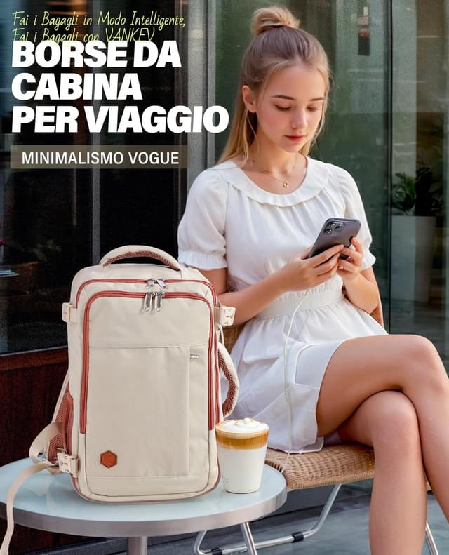 Detalle 2 de VANKEV Zaino Ryanair 40x20x25 beige 20L con vano PC fino a 14 pollici