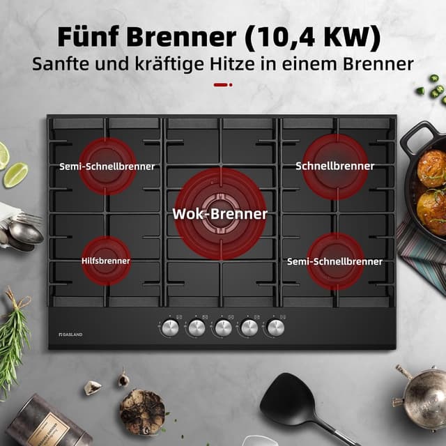 Detalle de GASLAND GH2805BG1FC 76 cm Glas Gaskochfeld mit 5 Flammen und Wok-Brenner