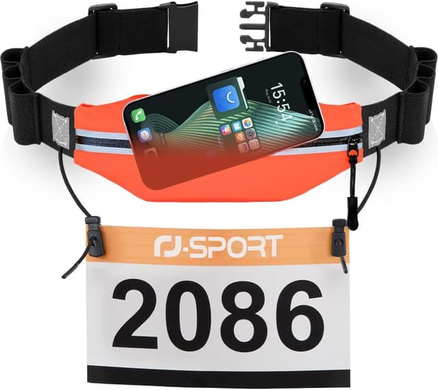 Detalle de RJ-Sport Laufgürtel für Handy – wasserdichte Lauftasche mit Bauchtasche, Startnummernband und verstellbarem Gummiband