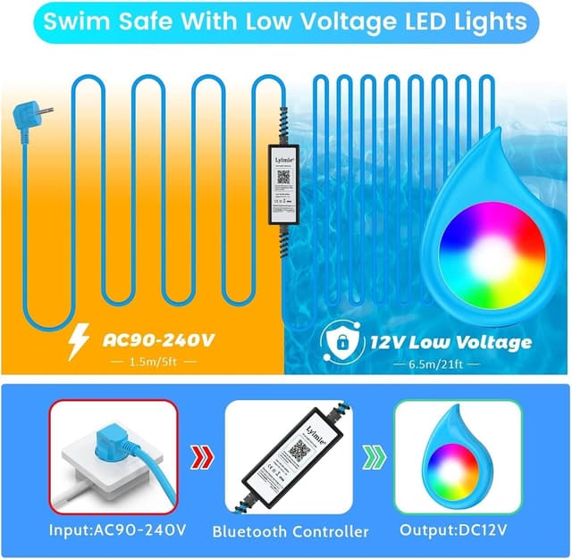 Detalle de LyLmLe projecteur piscine LED 10W 12V avec aimant, pilotage via appli et synchronisation musique (IP68, câble 8 m)