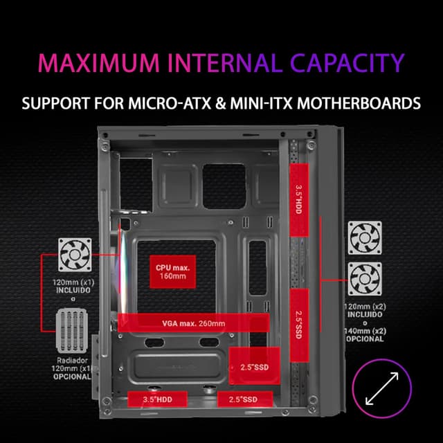 Detalle de Mars Gaming MC300W (Micro ATX) con vetro temperato e 3 ventole FRGB, frontale mesh nero