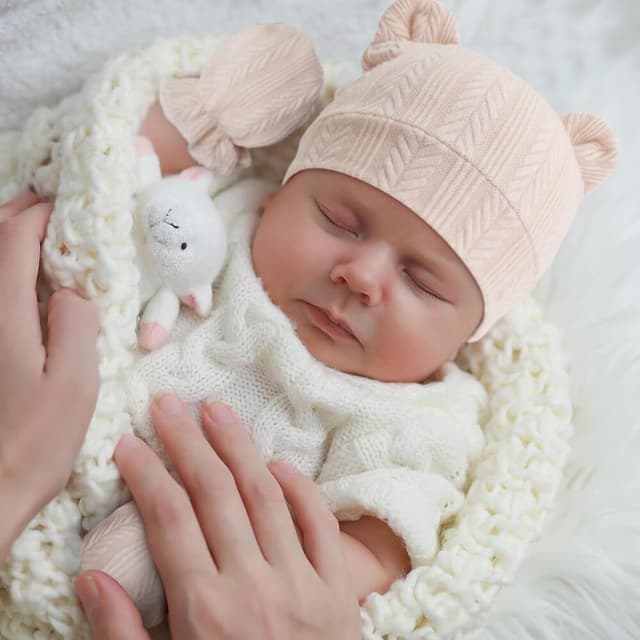 Detalle 2 de DRESHOW Newborn Beanie Hat and Gloves (96% cotton, 0–6 months) – 4 hats & 4 mittens