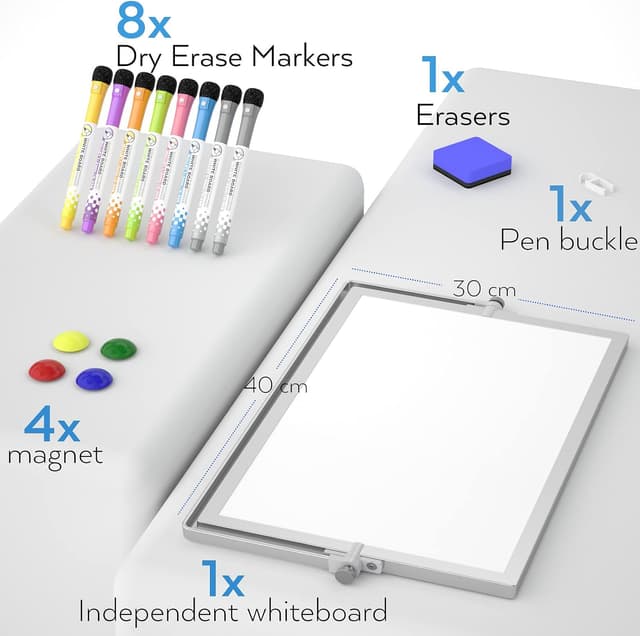 Detalle 2 de Nicpro A3 Double-Sided Magnetic Dry Erase Mini Whiteboard (40 x 30 cm) with Stand, 8 Pens, Eraser & Magnets