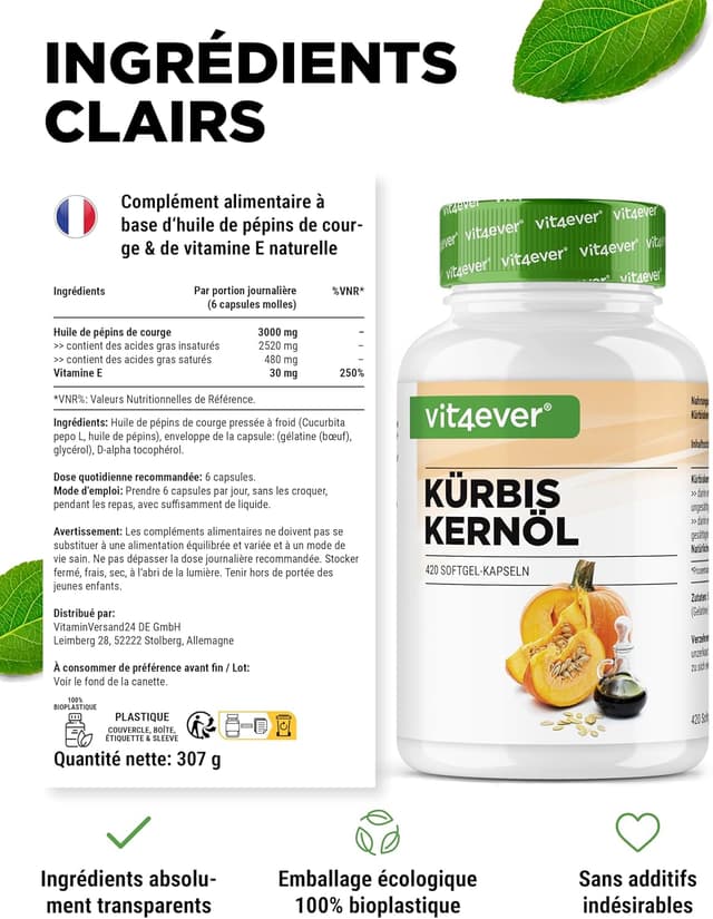 Detalle de Huile de Pépins de Courge en capsules (420) – 3000 mg par portion journalière avec vitamine E