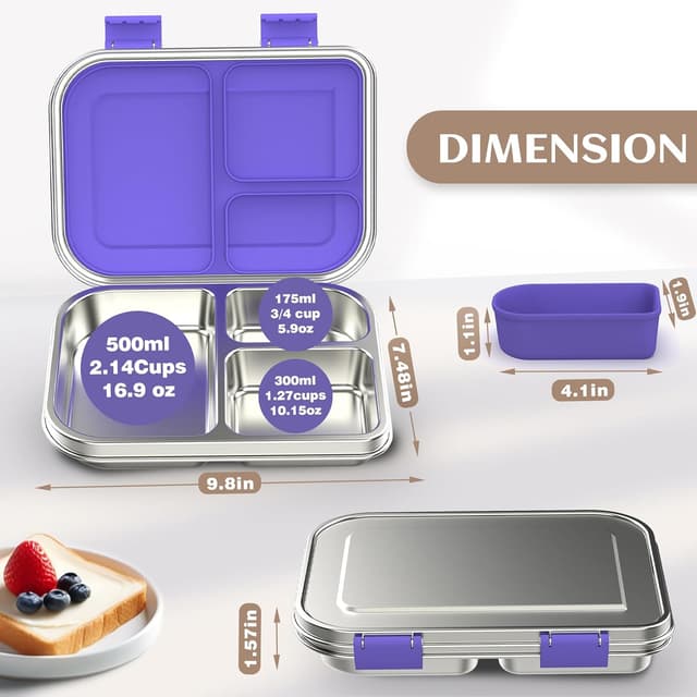 Detalle de BABHAMNESS Stainless Steel Kids Bento Box (3 Compartments) — Leak Proof Lunch Container, BPA-Free, Dishwasher Safe, Purple