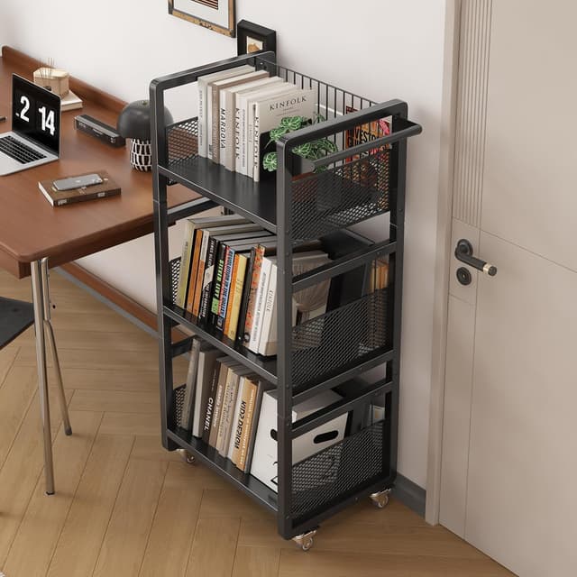 Detalle de Chariot livre bibliothèque à roulettes 70 kg avec 3 étagères mobiles et serre-livres magnétiques (noir)