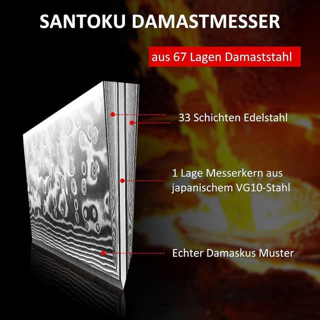 Detalle de PAUDIN Santokumesser Damastmesser 17 cm – 67-lagiger Damaststahl mit VG10-Kern und G10-Griff