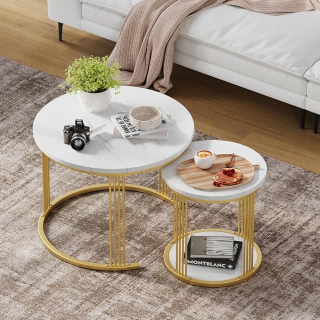 Detalle de Dripex lot de 2 tables basses gigognes rondes avec rangement et plateau effet marbre