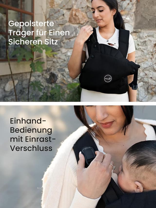 Detalle de GROWNSY Babytrage mit Ein-Klick-Schnalle und Kopfstütze (3–20 kg) – ergonomisch & leicht in Schwarz