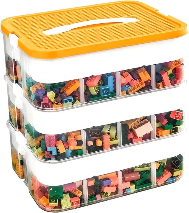 Detalle de DingGreat Dreifach-Aufbewahrungsbox für Lego-Steine (3 stapelbare Boxen) mit Deckel – transparente Kunststoff-Sortierkisten