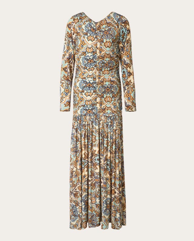 Imagen de FARM Rio Vestido largo estampado azul y dorado en OfertitasTOP