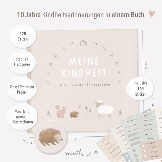 Detalle 2 de mintkind® Erinnerungsalbum Kindheit Beige – Babybuch mit Sticker-Set, Hardcover-Fotoalbum (0–10 Jahre)
