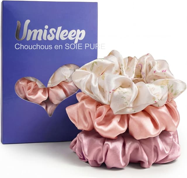 Detalle de Umisleep lot de 3 chouchous en soie de mûrier 22 momme (rose orangé, imprimé floral) – sans marques