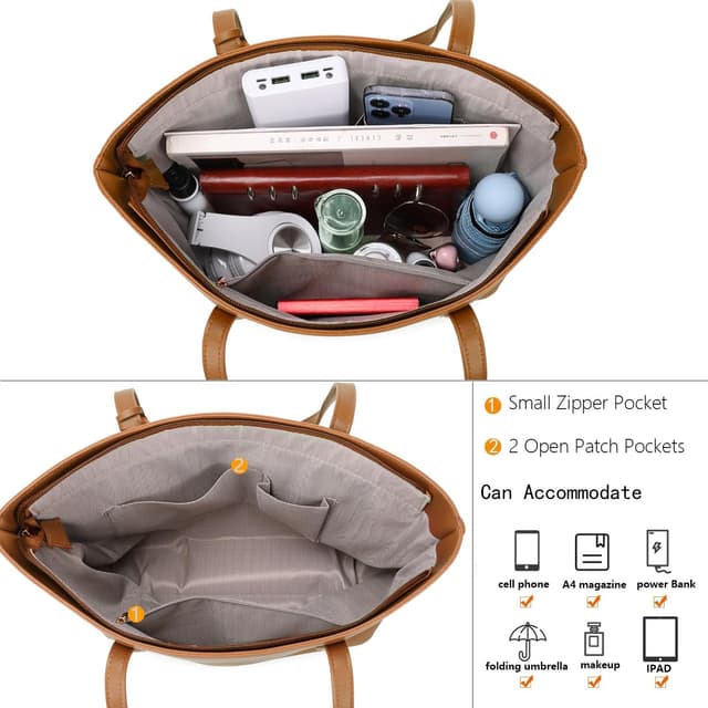 Detalle 2 de MORGLOVE Women’s Soft Faux Leather Large Tote Bag (Zip, Brown) for School & Work