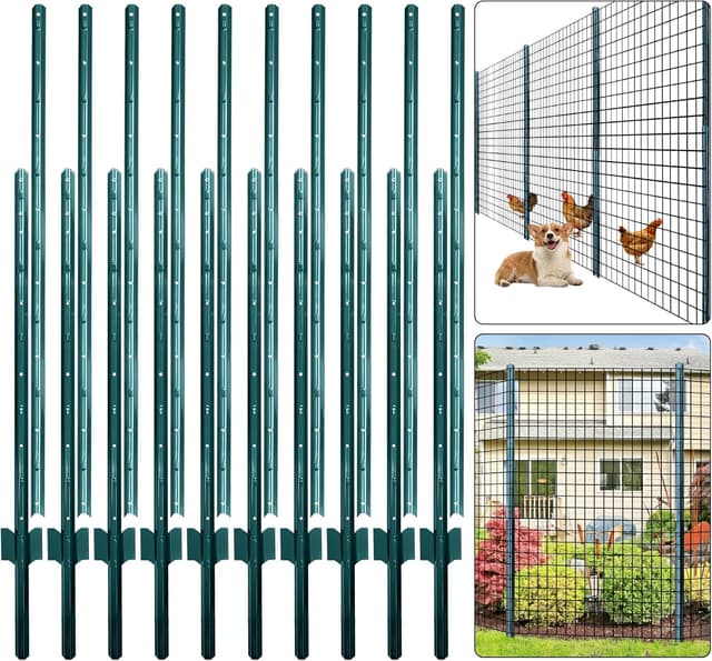 Detalle de Thealyn 7 ft (213 cm) U fence posts, pack of 10 – galvanised steel for 5 ft wire fence mesh
