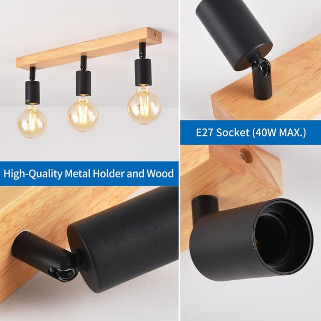 Detalle de ANWIO lámpara techo 3 focos LED E27 negro