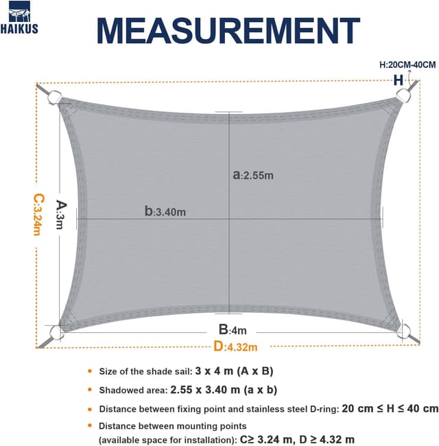 Detalle 2 de HAIKUS Sonnensegel wasserdicht rechteckig (PES/UPF 50+) 3x4 m für Balkon, Garten & Terrasse