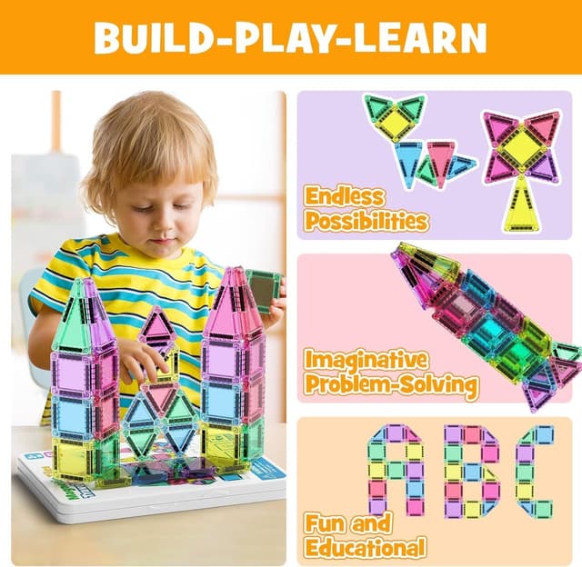 Detalle 1 de STEM MATCH Magnetic Tiles Construction Set (42 pcs) – Travel-friendly magnetic building toy for 3+