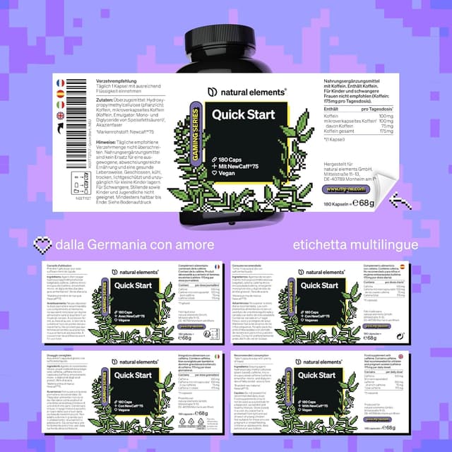 Detalle de natural elements Quick Start – 180 capsule (scorta 6 mesi) con caffeina NewCaff®75, vegane, ad alto dosaggio