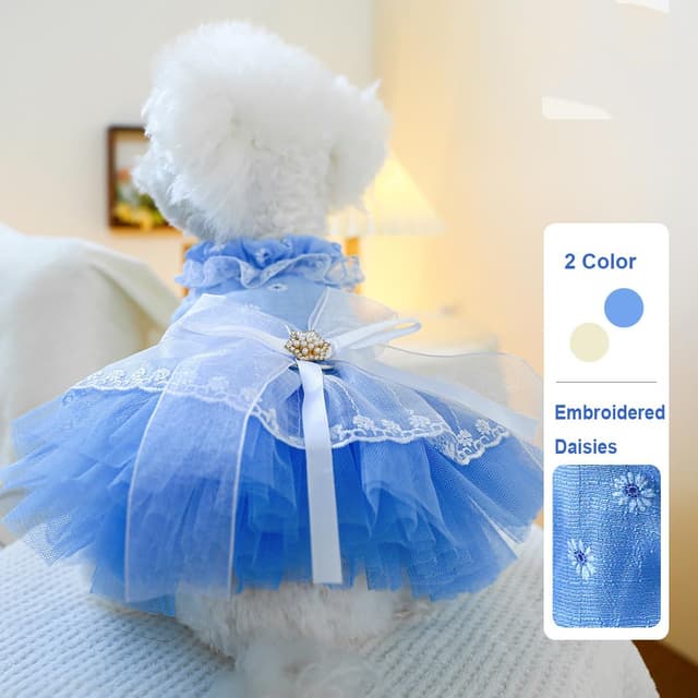 Detalle 2 de BT Bear Small Dog Dress (Large) – Puppy Skirt with Bow, Lace Princess Tutu for Wedding & Photos (Blue, L)