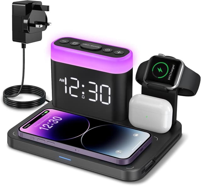Detalle de ANJANK 5-in-1 MagSafe wireless charging station with digital alarm clock, night lights and Magnetic chargers