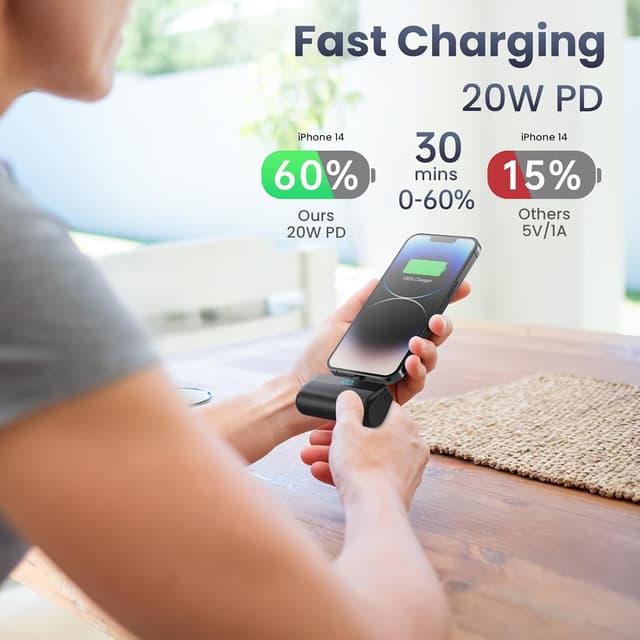 Detalle de Feob Mini Power Bank 5200 mAh per iPhone, ultra compatto 20W PD con display LED (nero)