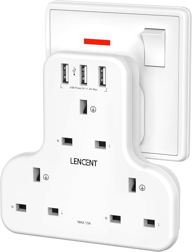 Detalle de LENCENT Plug Extension Socket 13A with 3 USB ports ๐
