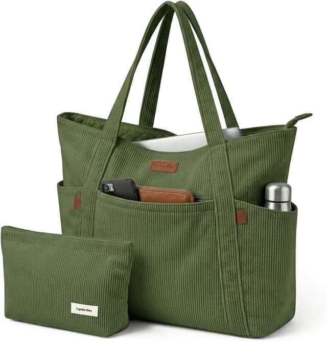 Detalle de Captain Blues women’s corduroy tote bag with zip – large laptop compartment work & school bag