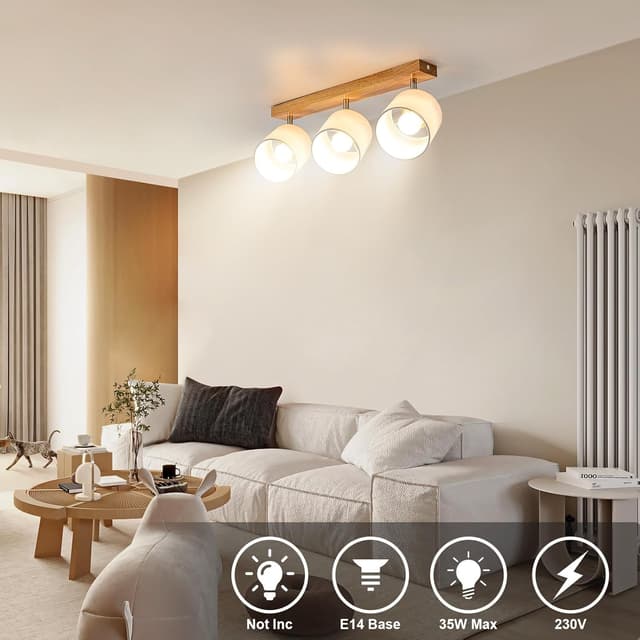 Detalle de Doughelec Deckenstrahler 3-flammig aus Holz mit schwenkbaren E14-Spots (ohne Leuchtmittel)