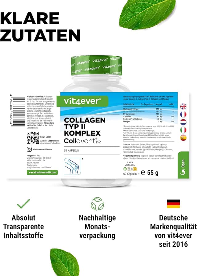 Detalle 2 de Vit4ever Kollagen Typ 2 Komplex mit Collavant n2®, Weihrauch-Extrakt, Hyaluronsäure & Vitamin C