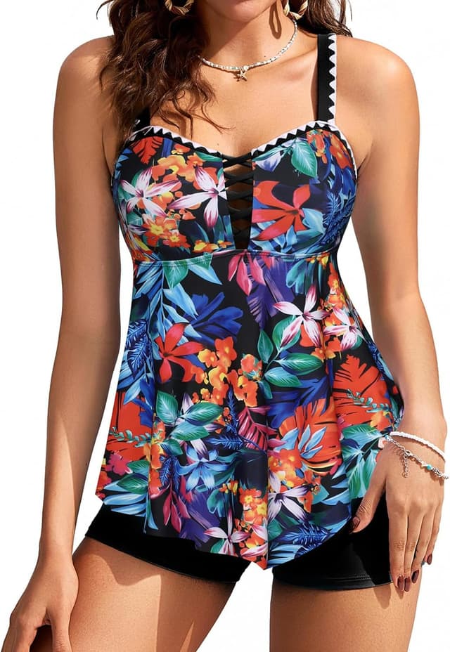 Detalle de Kate Kasin Tankini Two-Piece Tummy Control Swimsuit (Floral Flow Top & Short Bottom)