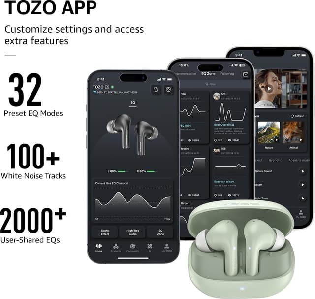 Detalle de TOZO E2 Wireless Earbuds (Bluetooth 5.3) with 32 EQ presets, app customisation & IPX6