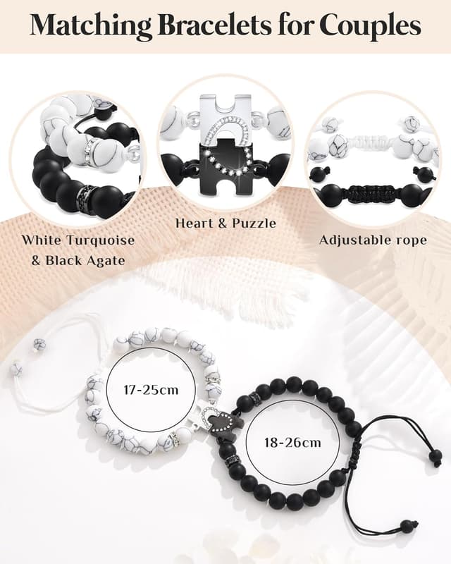 Detalle de Bracelet couple Seyaa « Amoureux pour 2 » en pierres de 8 mm et acier inoxydable