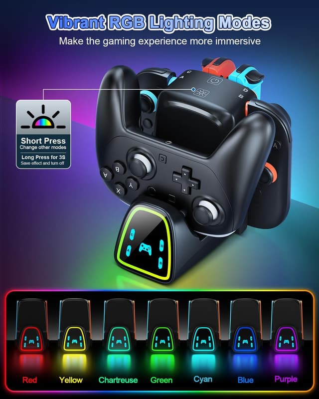 Detalle de 9-in-1 Controller-Ladestation für Nintendo Switch 2/1 & Pro Controller 2/1 (mit RGB) – Station für Joy-Con 1/2
