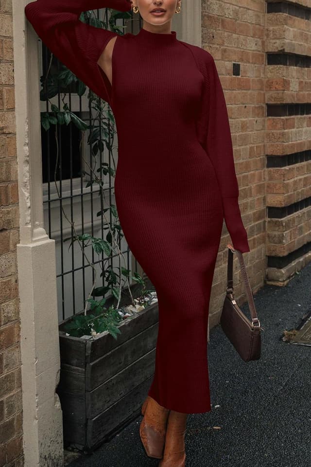 Detalle 2 de PRETTYGARDEN Women’s Fall 2-Piece Knit Dress Set with Cropped Cardigan (Mock Neck Maxi)