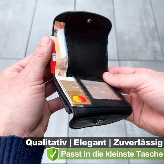 Detalle 2 de FLEXIBILITE® kleines Portemonnaie Damen aus echtem Leder mit RFID-Schutz – Mini-Geldbörse 9 x 7 x 2 cm, Schwarz