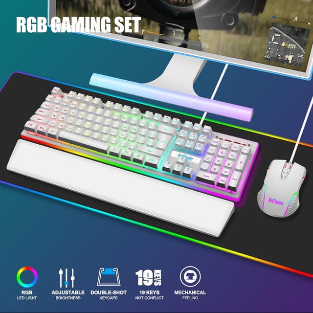 Detalle 2 de RedThunder K10 Gaming Tastatur- und Maus-Set (QWERTZ, Metallplatte, RGB) – Weiß