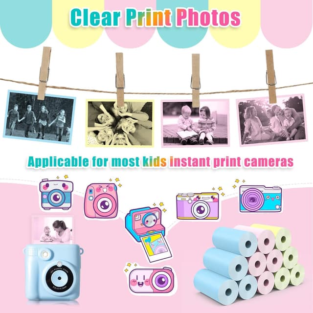 Detalle de Hikkon Nachfülldruckpapier für Kinder-Sofortbildkamera – 12 Rollen in Rosa, Blau & Gelb
